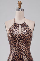 Load image into Gallery viewer, Sparkly Khaki Leopard Sequin Printed Halter Tight Short Cocktail Dress