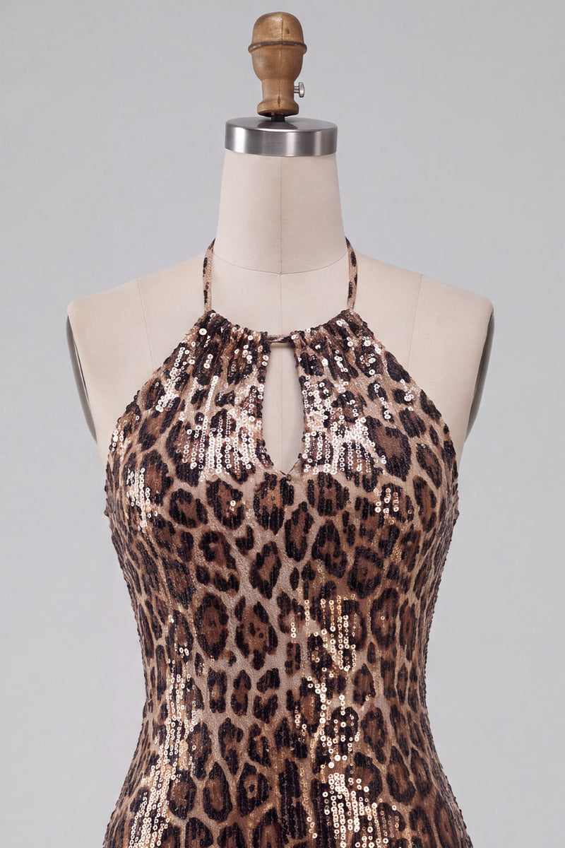 Load image into Gallery viewer, Sparkly Khaki Leopard Sequin Printed Halter Tight Short Cocktail Dress