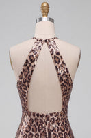 Load image into Gallery viewer, Sparkly Khaki Leopard Sequin Printed Halter Tight Short Cocktail Dress