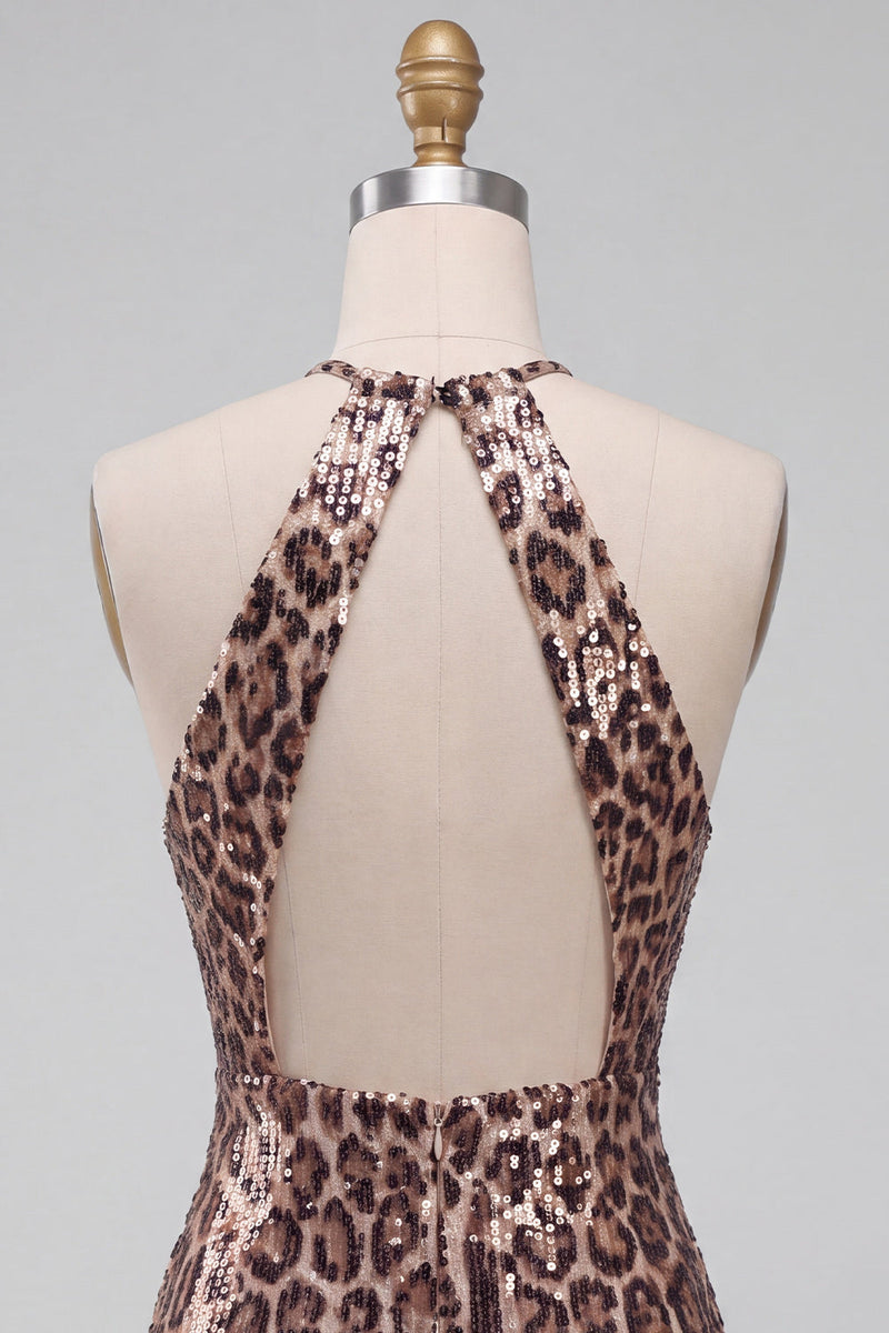 Load image into Gallery viewer, Sparkly Khaki Leopard Sequin Printed Halter Tight Short Cocktail Dress