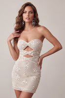 Load image into Gallery viewer, Sparkly Ivory Strapless Sequin Tight Short Cocktail Dress with Keyhole