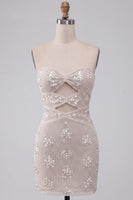 Load image into Gallery viewer, Sparkly Ivory Strapless Sequin Tight Short Cocktail Dress with Keyhole