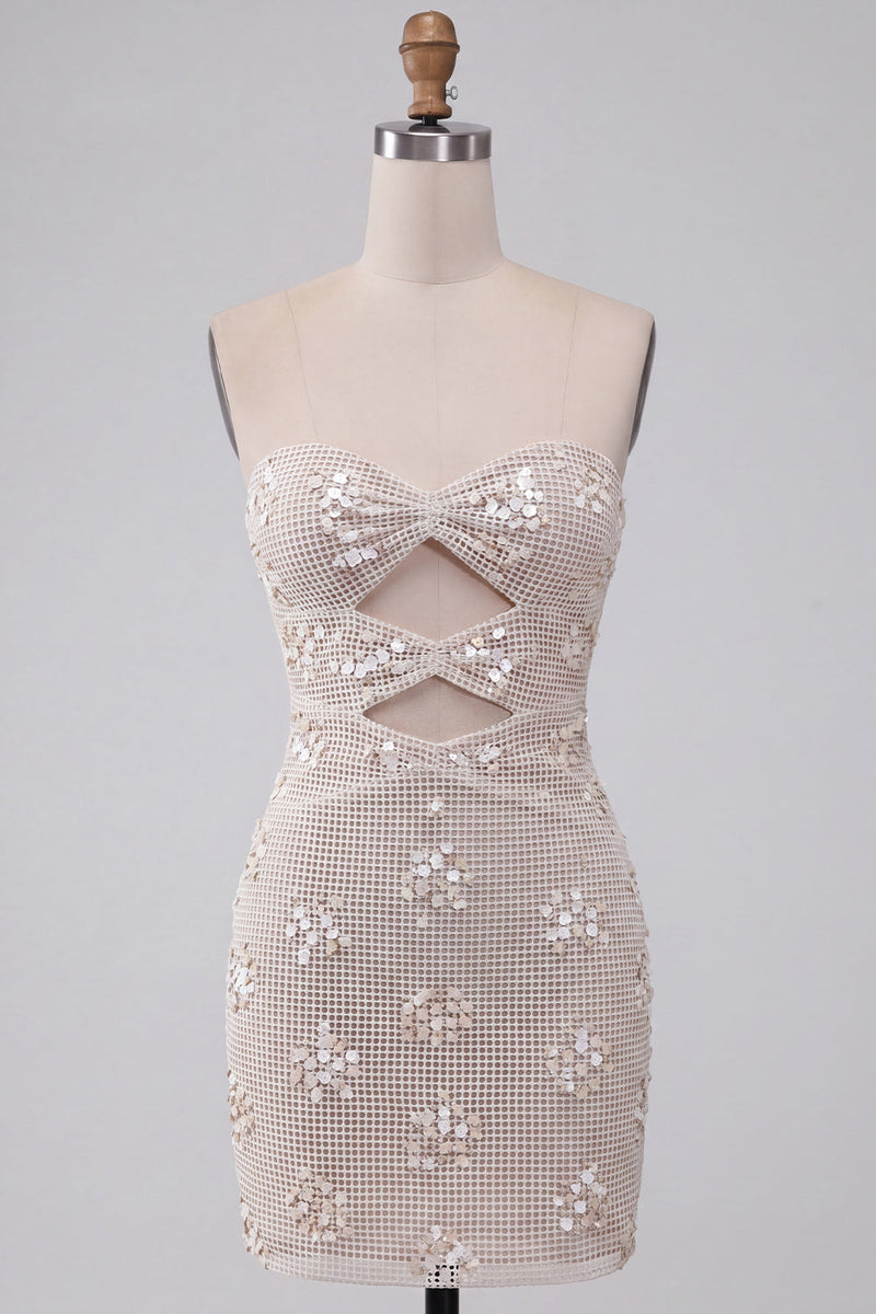 Load image into Gallery viewer, Sparkly Ivory Strapless Sequin Tight Short Cocktail Dress with Keyhole