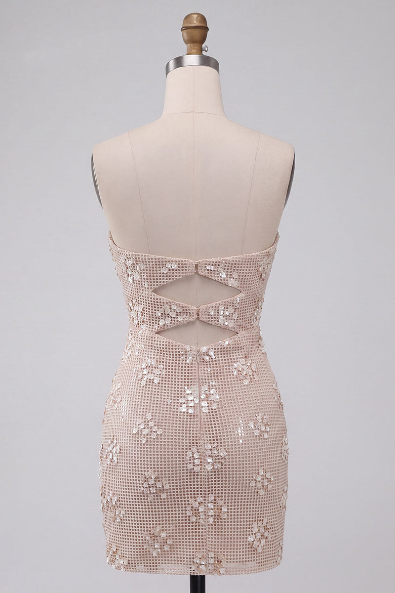 Load image into Gallery viewer, Sparkly Ivory Strapless Sequin Tight Short Cocktail Dress with Keyhole