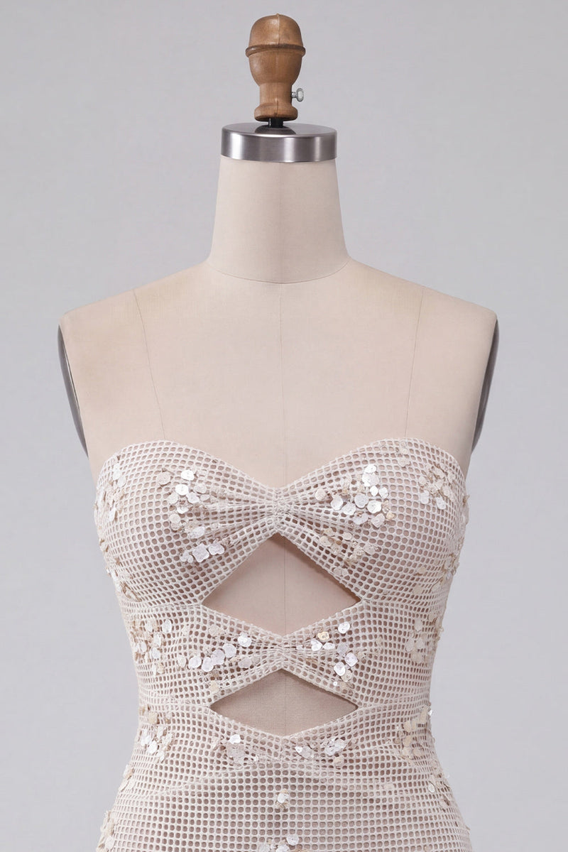 Load image into Gallery viewer, Sparkly Ivory Strapless Sequin Tight Short Cocktail Dress with Keyhole
