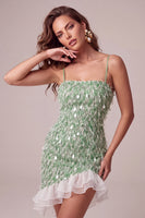 Load image into Gallery viewer, Sparkly Green Tight Ruffled Sequin Mini Cocktail Dress with Feathers