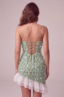 Load image into Gallery viewer, Sparkly Green Tight Ruffled Sequin Mini Cocktail Dress with Feathers