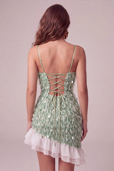 Sparkly Green Tight Ruffled Sequin Mini Cocktail Dress with Feathers