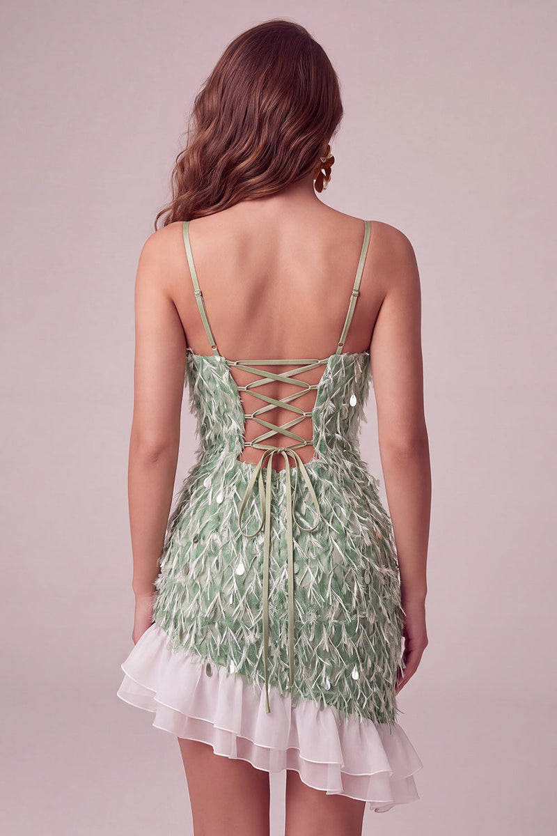 Load image into Gallery viewer, Sparkly Green Tight Ruffled Sequin Mini Cocktail Dress with Feathers