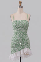 Load image into Gallery viewer, Sparkly Green Tight Ruffled Sequin Mini Cocktail Dress with Feathers