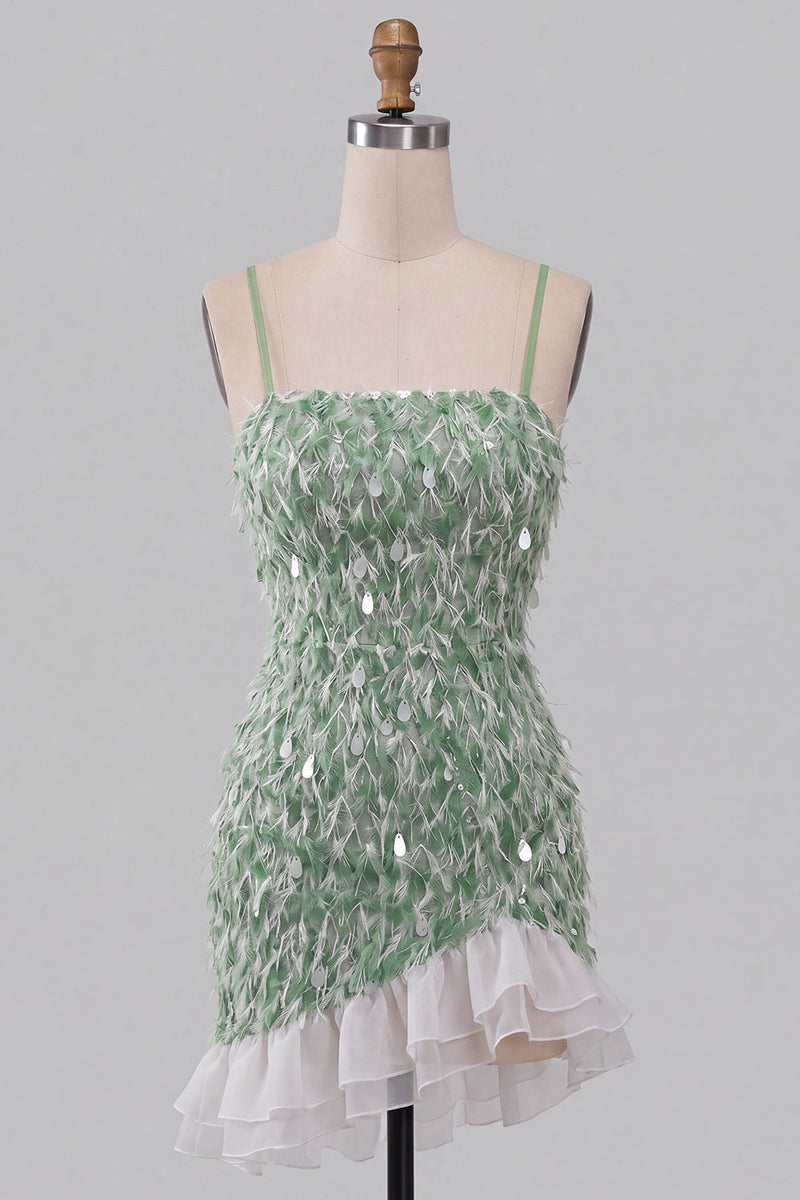 Load image into Gallery viewer, Sparkly Green Tight Ruffled Sequin Mini Cocktail Dress with Feathers