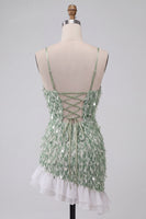 Load image into Gallery viewer, Sparkly Green Tight Ruffled Sequin Mini Cocktail Dress with Feathers