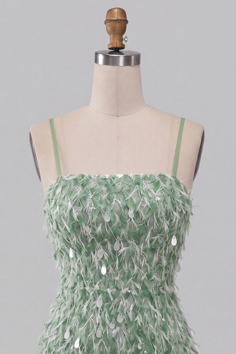 Load image into Gallery viewer, Sparkly Green Tight Ruffled Sequin Mini Cocktail Dress with Feathers