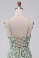 Load image into Gallery viewer, Sparkly Green Tight Ruffled Sequin Mini Cocktail Dress with Feathers