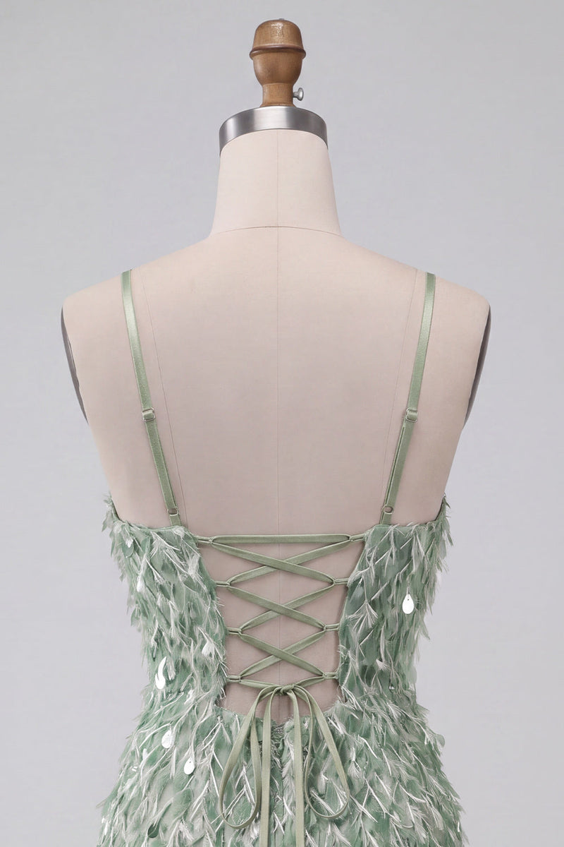 Load image into Gallery viewer, Sparkly Green Tight Ruffled Sequin Mini Cocktail Dress with Feathers