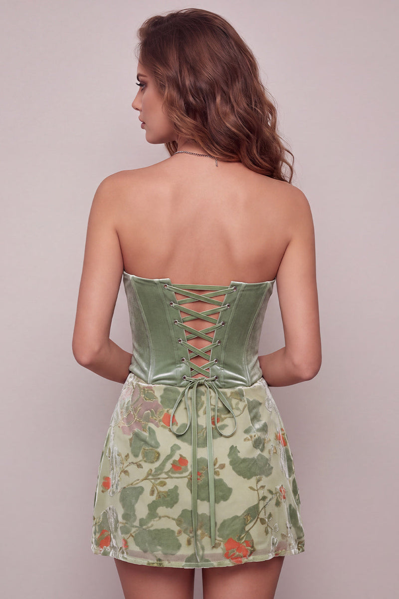 Load image into Gallery viewer, Dusty Sage Corset Floral A Line Strapless Mini Cocktail Dress