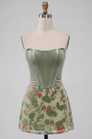 Load image into Gallery viewer, Dusty Sage Corset Floral A Line Strapless Mini Cocktail Dress