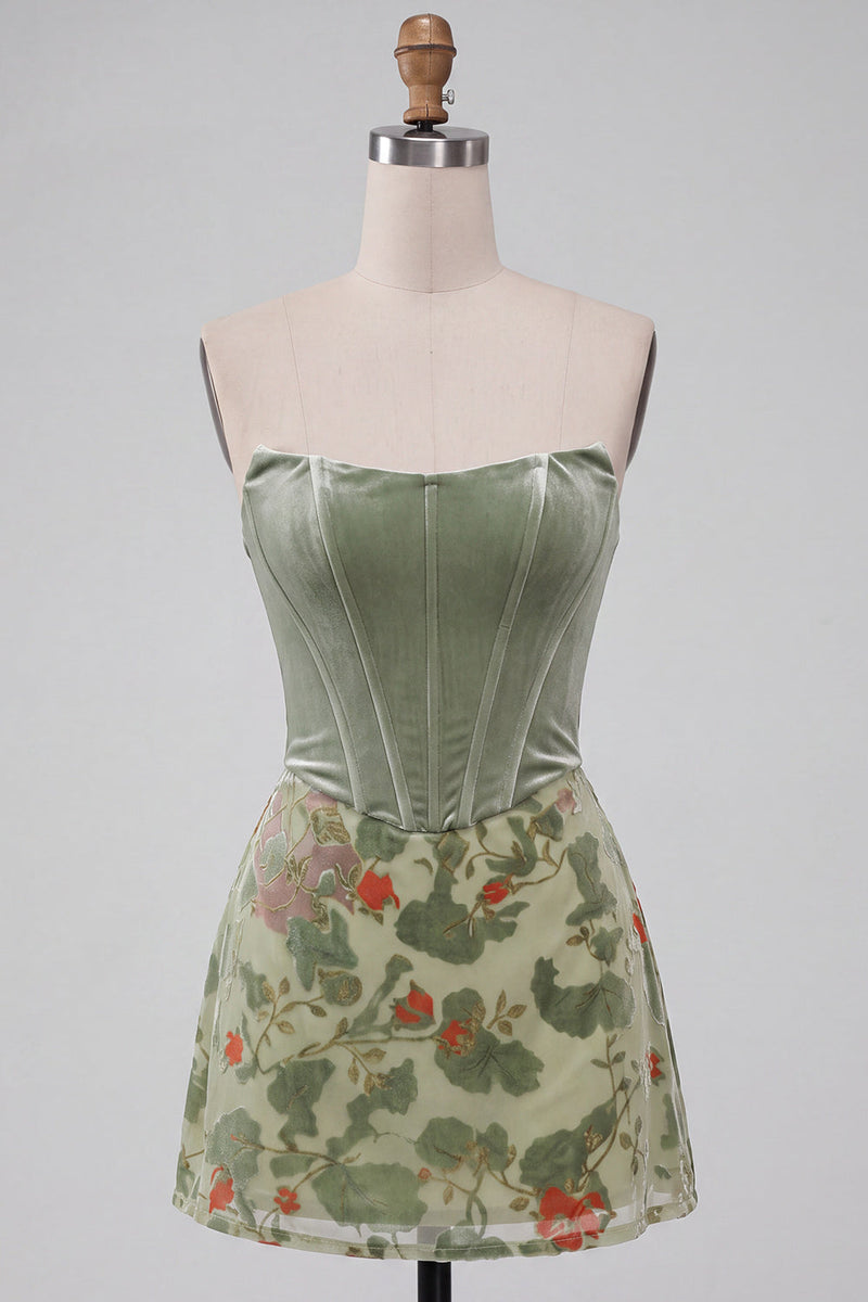 Load image into Gallery viewer, Dusty Sage Corset Floral A Line Strapless Mini Cocktail Dress