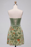Load image into Gallery viewer, Dusty Sage Corset Floral A Line Strapless Mini Cocktail Dress