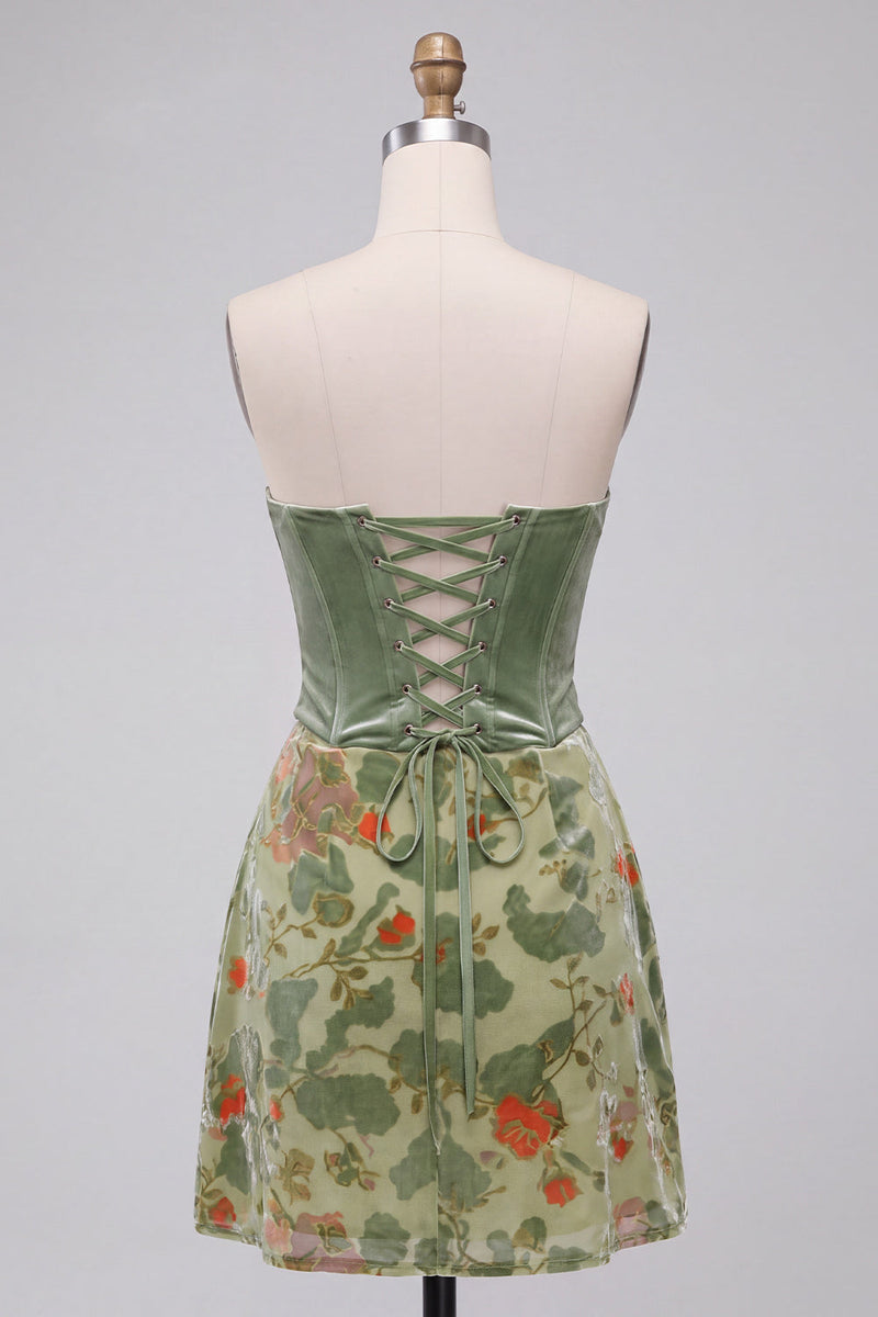 Load image into Gallery viewer, Dusty Sage Corset Floral A Line Strapless Mini Cocktail Dress