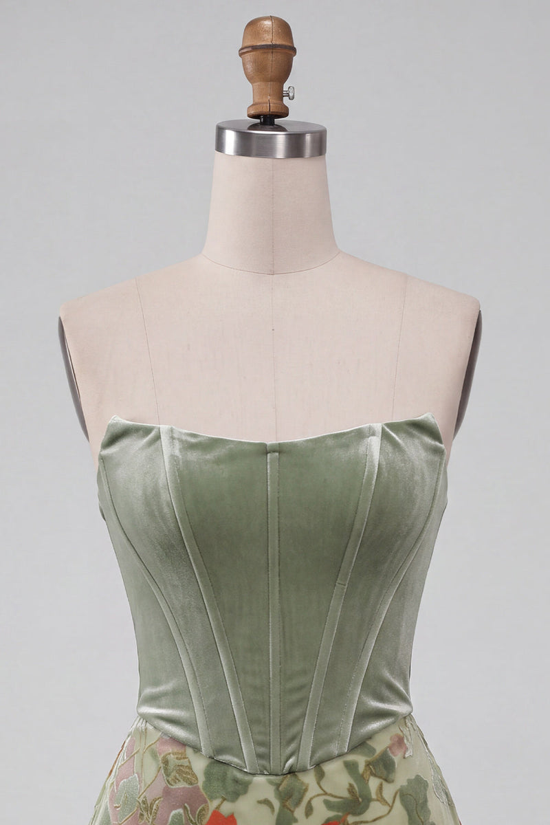 Load image into Gallery viewer, Dusty Sage Corset Floral A Line Strapless Mini Cocktail Dress