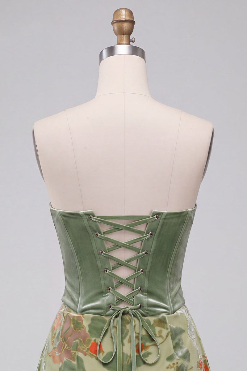 Load image into Gallery viewer, Dusty Sage Corset Floral A Line Strapless Mini Cocktail Dress