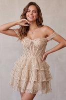 Load image into Gallery viewer, Sparkly Champagne Ruffled Corset Sequin A Line Mini Cocktail Dress