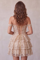 Load image into Gallery viewer, Sparkly Champagne Ruffled Corset Sequin A Line Mini Cocktail Dress