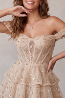 Load image into Gallery viewer, Sparkly Champagne Ruffled Corset Sequin A Line Mini Cocktail Dress
