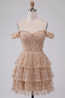 Load image into Gallery viewer, Sparkly Champagne Ruffled Corset Sequin A Line Mini Cocktail Dress