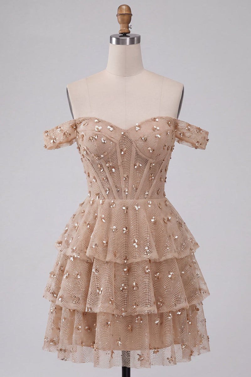 Load image into Gallery viewer, Sparkly Champagne Ruffled Corset Sequin A Line Mini Cocktail Dress