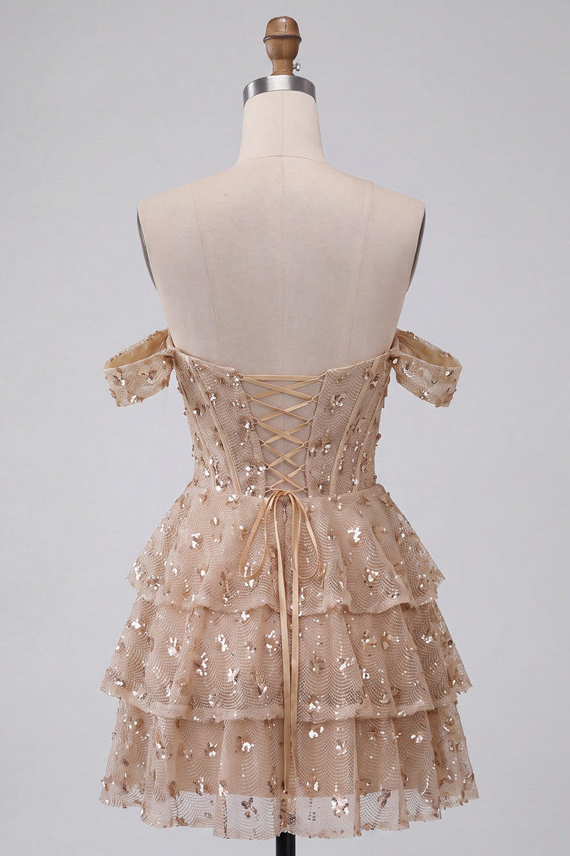 Load image into Gallery viewer, Sparkly Champagne Ruffled Corset Sequin A Line Mini Cocktail Dress