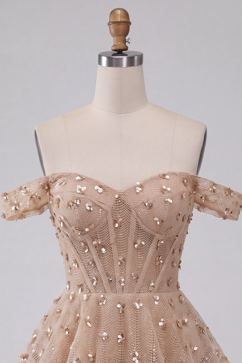 Load image into Gallery viewer, Sparkly Champagne Ruffled Corset Sequin A Line Mini Cocktail Dress