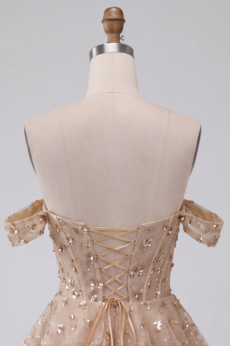 Load image into Gallery viewer, Sparkly Champagne Ruffled Corset Sequin A Line Mini Cocktail Dress