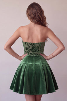 Dark Green Ruched Velvet Floral A Line Mini Cocktail Dress