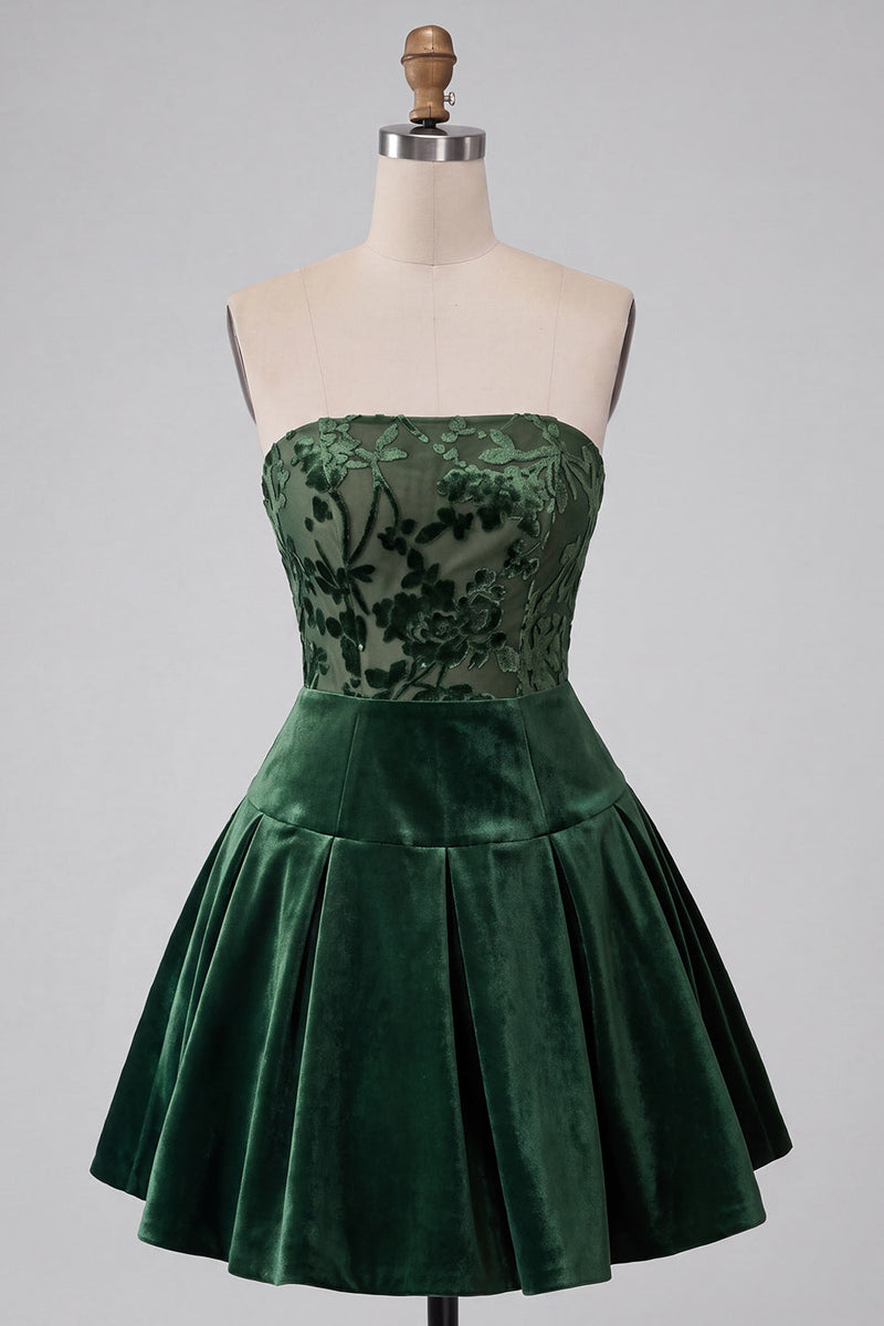 Load image into Gallery viewer, Dark Green Ruched Velvet Floral A Line Mini Cocktail Dress
