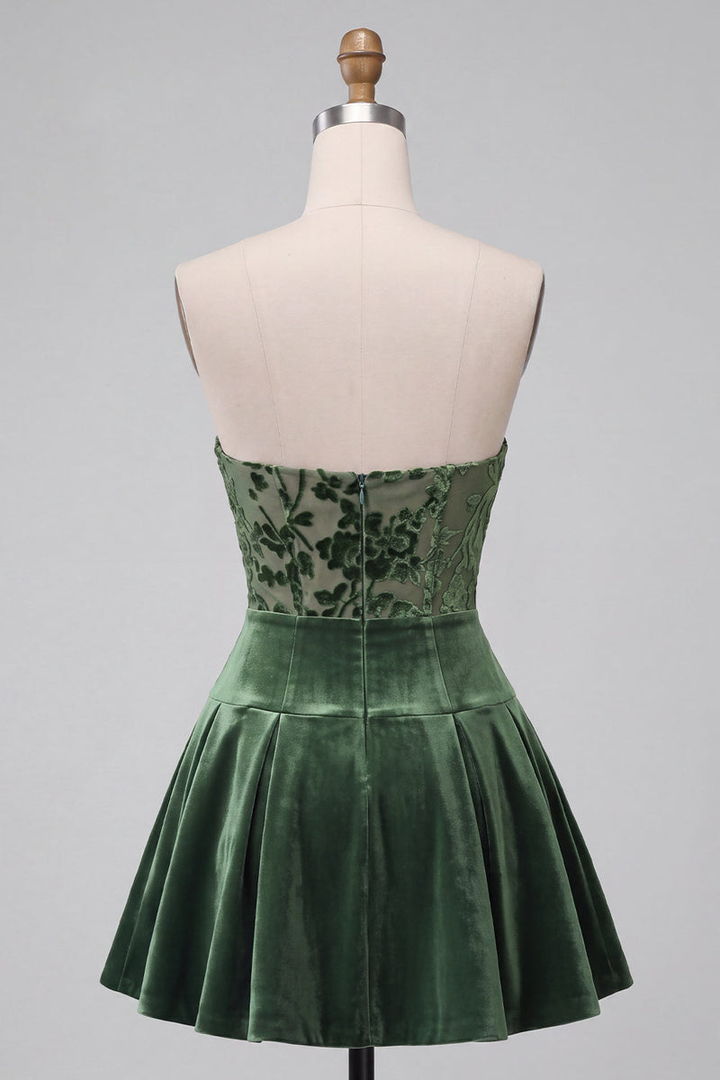 Load image into Gallery viewer, Dark Green Ruched Velvet Floral A Line Mini Cocktail Dress