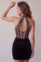 Load image into Gallery viewer, Floral Black Velvet Corset Halter Tight Mini Cocktail Dress