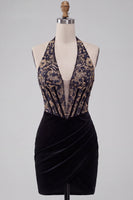 Load image into Gallery viewer, Floral Black Velvet Corset Halter Tight Mini Cocktail Dress