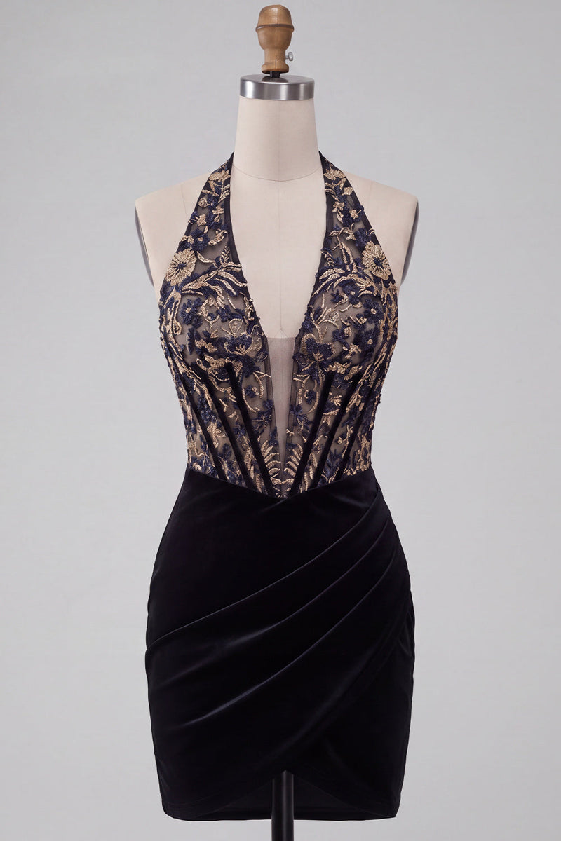 Load image into Gallery viewer, Floral Black Velvet Corset Halter Tight Mini Cocktail Dress