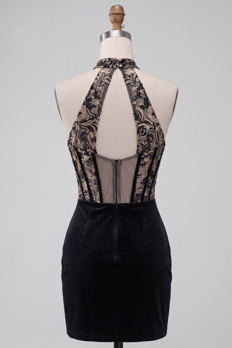 Load image into Gallery viewer, Floral Black Velvet Corset Halter Tight Mini Cocktail Dress