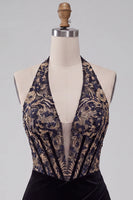 Load image into Gallery viewer, Floral Black Velvet Corset Halter Tight Mini Cocktail Dress