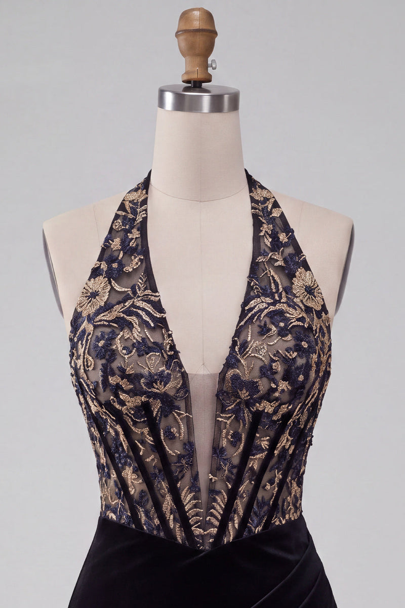 Load image into Gallery viewer, Floral Black Velvet Corset Halter Tight Mini Cocktail Dress