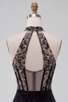Load image into Gallery viewer, Floral Black Velvet Corset Halter Tight Mini Cocktail Dress