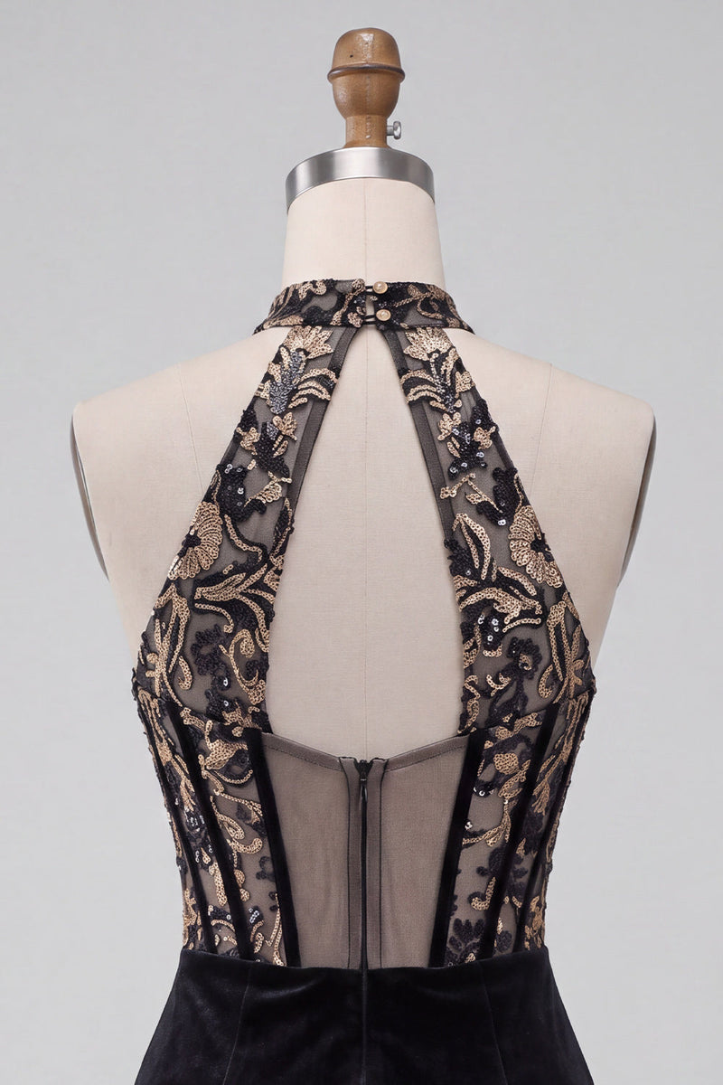 Load image into Gallery viewer, Floral Black Velvet Corset Halter Tight Mini Cocktail Dress