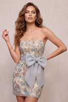 Load image into Gallery viewer, Sparkly Light Grey Tight Beaded Floral Mini Cocktail Dress with Bow