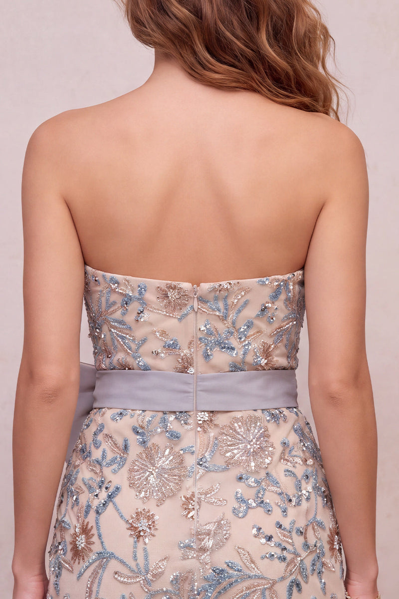 Load image into Gallery viewer, Sparkly Light Grey Tight Beaded Floral Mini Cocktail Dress with Bow
