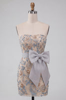 Load image into Gallery viewer, Sparkly Light Grey Tight Beaded Floral Mini Cocktail Dress with Bow