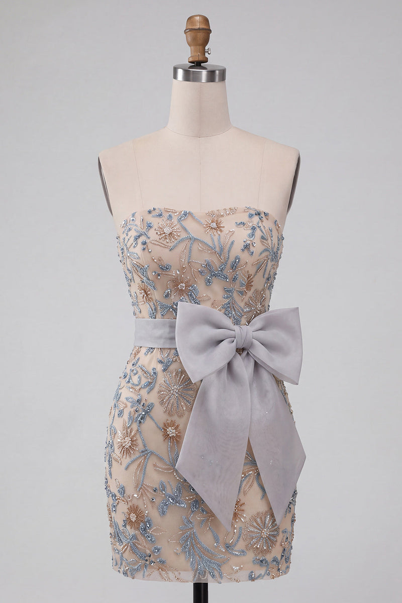 Load image into Gallery viewer, Sparkly Light Grey Tight Beaded Floral Mini Cocktail Dress with Bow