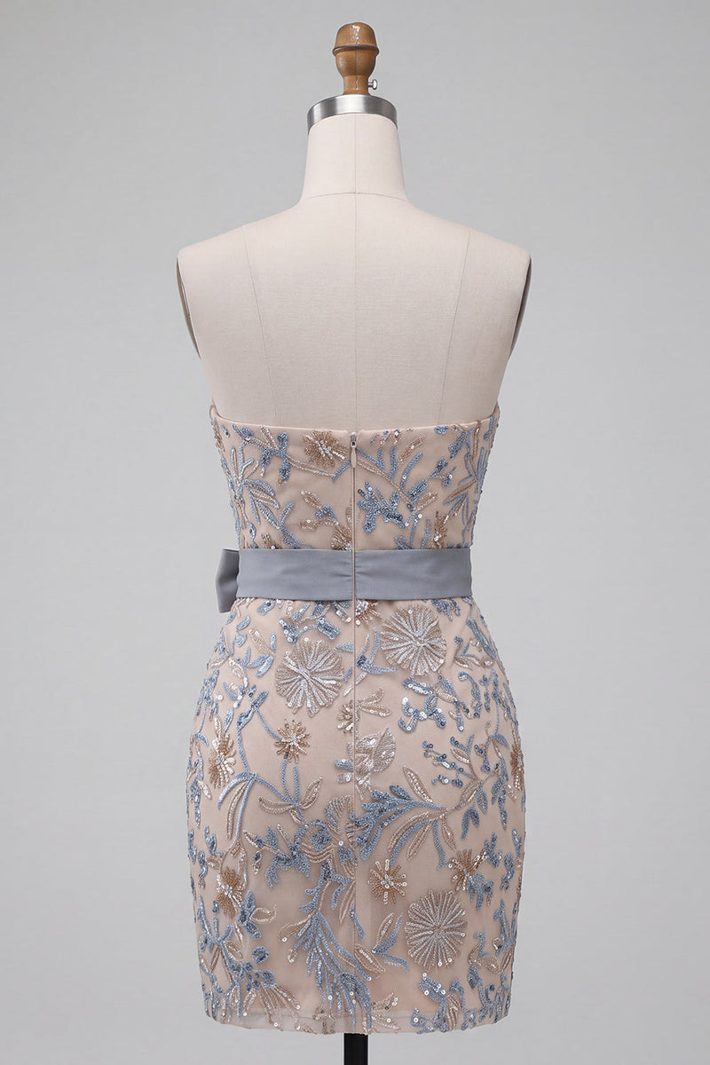 Load image into Gallery viewer, Sparkly Light Grey Tight Beaded Floral Mini Cocktail Dress with Bow